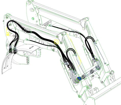 Technical diagram of the John Deere H-series loader showing the pin connections and boom structure.