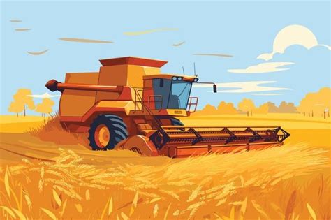 Ilustracja przedstawiająca kombajn zbożowy pracujący na polu podczas zbiorów