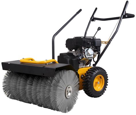 Ilustracja przedstawiająca zamiatarkę spalinową TEXAS Handy Sweep 600TG w akcji, usuwającą liście z utwardzonej powierzchni.