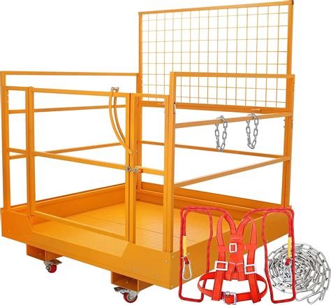 Photo of a forklift with an attached work platform (basket)