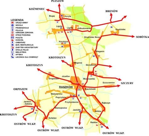 mapa z zaznaczonymi miejscowościami Raszków, Ostrów Wielkopolski i okolicami