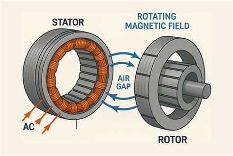 Infographic showing the operation of an electric motor with rotor and stator.