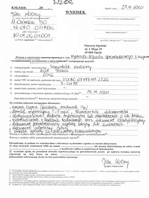 Urzędowy formularz wniosku o rejestrację pojazdu