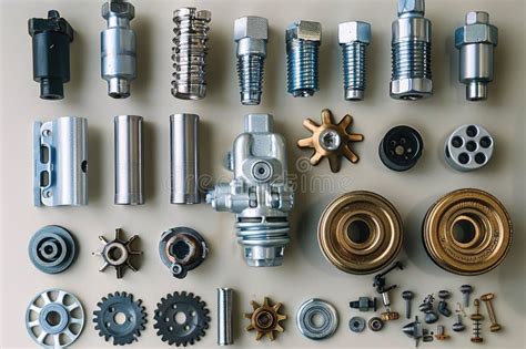 Thematic photo of various JCB parts, such as filters, hoses, and small metal components, arranged neatly