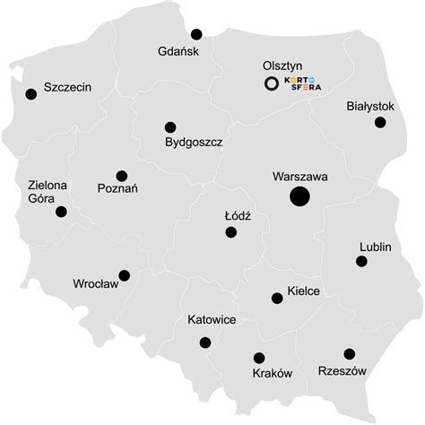Mapa z zaznaczonymi miastami, w których dostępne są usługi transportowe wywrotkami.