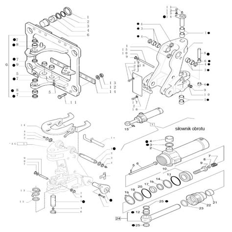 Złożone mechanizmy ramion koparki z zaznaczonymi punktami obrotu