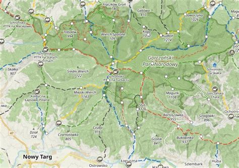 Mapa Gorców z zaznaczonymi szlakami turystycznymi i historycznymi punktami.