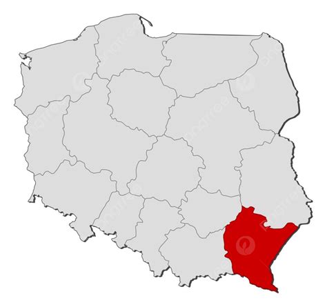 mapa regionu Podkarpacia z zaznaczonymi miastami takimi jak Kolbuszowa, Rzeszów, Mielec, Dębica