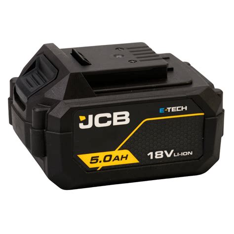 Infografika przedstawiająca akumulator JCB Professional E‑TECH 18 V 5.0 Ah z wyróżnieniem kluczowych cech