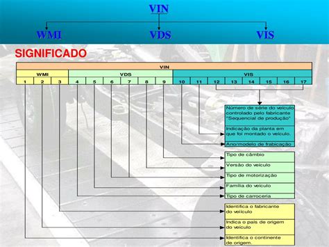 Schemat przedstawiający budowę 17-znakowego numeru VIN z podziałem na sekcje WMI, VDS i VIS