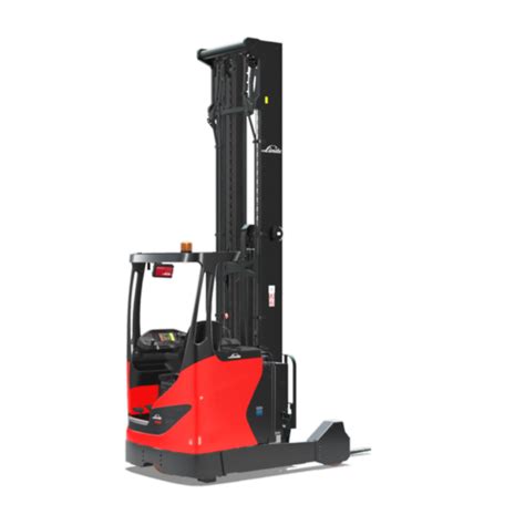 Linde R14 w magazynie z wysokimi regałami