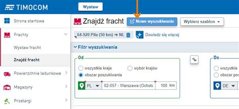 Interfejs giełdy transportowej TIMOCOM z zaawansowanymi filtrami wyszukiwania