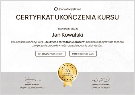 Certyfikat ukończenia kursu operatora wózka widłowego