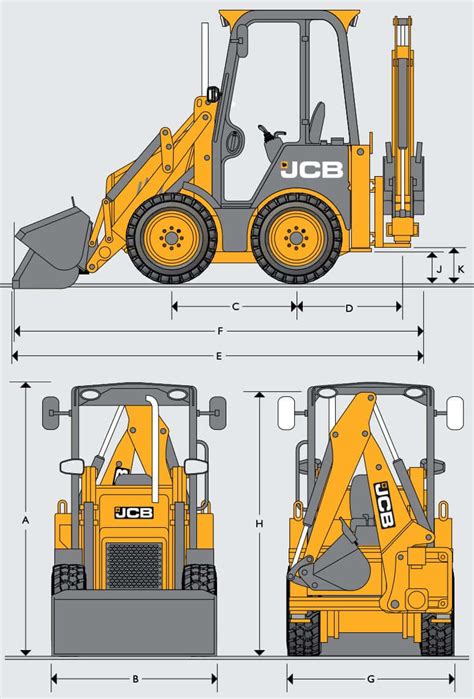 Technical diagram of the JCB 1CX showing key dimensions and operational ranges.