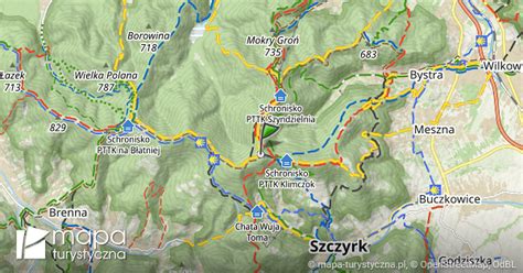 Mapa szlaków turystycznych łączących Szyndzielnię, Klimczok i pobliskie schroniska