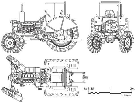 Technical diagram or blueprint of a compact tractor