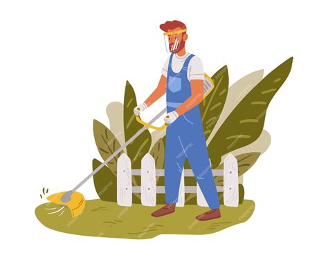 Ilustracja: osoba kosząca trawnik w odzieży ochronnej