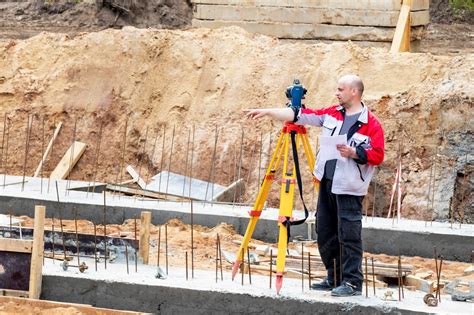 geodeta z niwelatorem na placu budowy