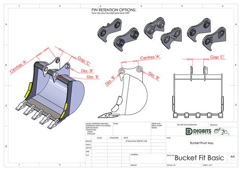 Technical drawing or infographic comparing different types of JCB buckets (grading, deep profile, trapezoidal, jaw)