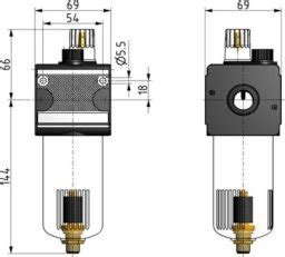 Ilustracja zbiornika oleju hydraulicznego z zaznaczonym wskaźnikiem poziomu oleju i odpowietrznikami