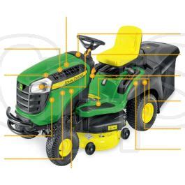 Widok traktorka ogrodowego John Deere X166R z zamontowanym tylnym koszem, podkreślający jego konstrukcję i funkcjonalność.