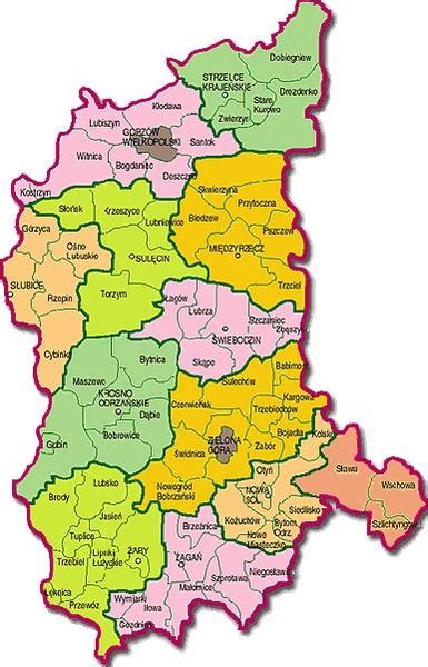 Mapa województwa lubuskiego z zaznaczonymi miejscowościami, w których pojawiają się ogłoszenia o sprzedaży ciągników Renault.