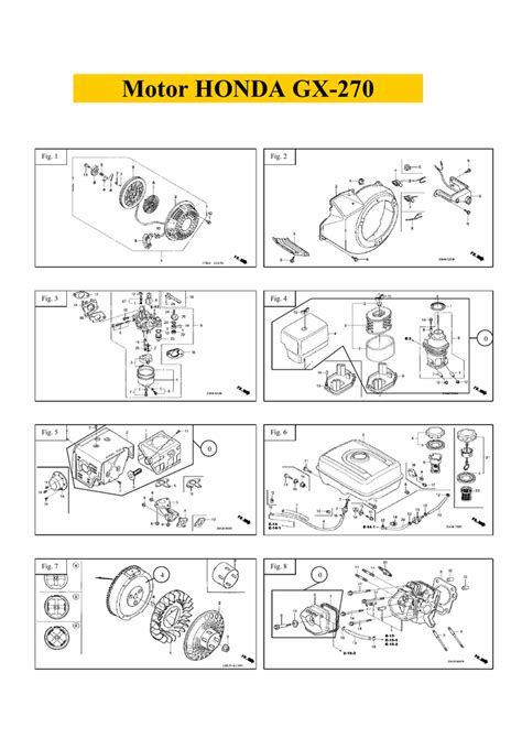 Schemat silnika Honda GX 270 z oznaczeniem kluczowych komponentów (OHV, chłodzenie powietrzem)
