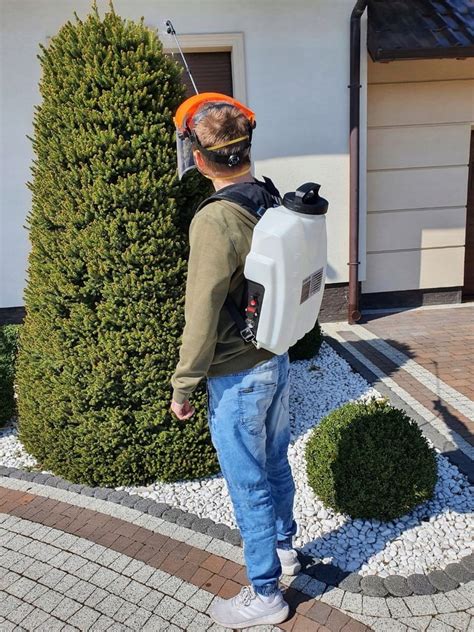 Ilustracja przedstawiająca opryskiwacz ciśnieniowy plecakowy w użyciu w ogrodzie