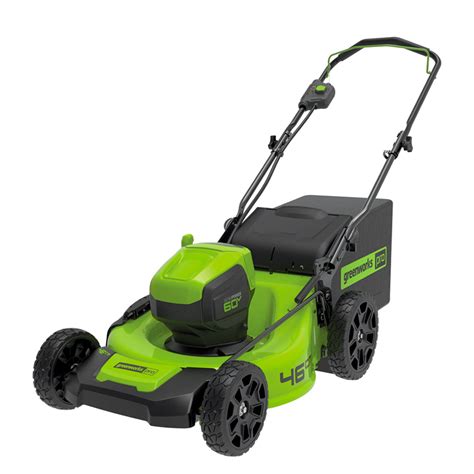 Infographic illustrating the three cutting functions of the Greenworks GD60LM46HP lawnmower: mulching, collecting, and side discharge.