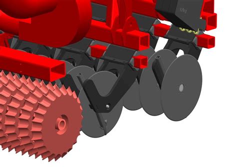 Photo of the seeder's coulter system, showing individual and central pressure adjustment