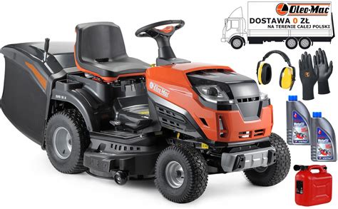 Zdjęcie traktorka ogrodowego Oleo-Mac OM 92R/16 K z widocznym koszem na trawę i ergonomicznym panelem sterowania