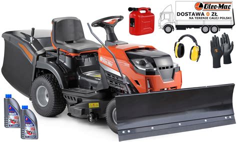 Kolaż zdjęć przedstawiający traktorek ogrodowy z różnymi akcesoriami: przyczepka, pług śnieżny, walec