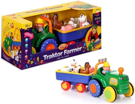 Zdjęcie przedstawiające kolorowy Traktor Dumel Discovery z figurkami zwierząt i farmerem
