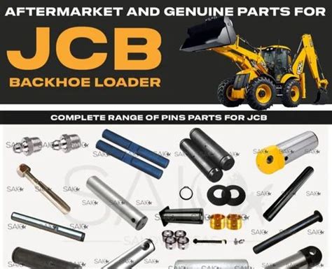 Graphic showing various spare parts for JCB 3CX, such as filters, pins, bushings, and seals