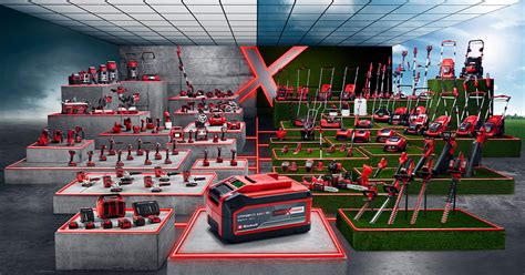 Infografika przedstawiająca system baterii Einhell Power X-Change i kompatybilne urządzenia