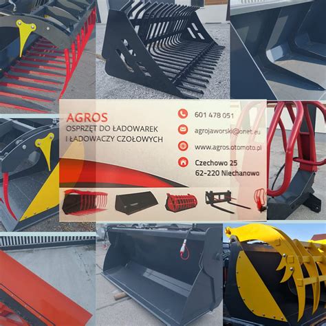 Zdjęcie przedstawiające różnorodny osprzęt do ładowarek teleskopowych, np. łyżkę krokodyl, pług, zamiatarkę.