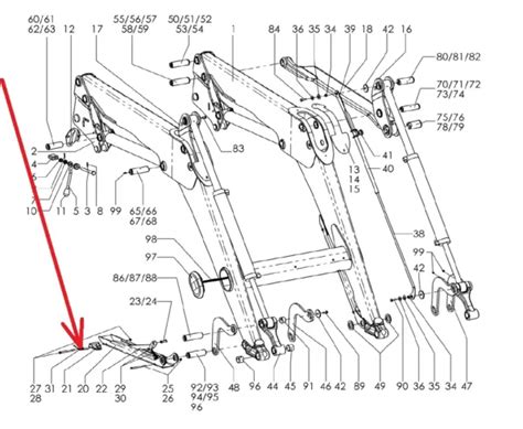 Schemat budowy ramion ładowacza Stoll z widocznymi ukrytymi przewodami hydraulicznymi