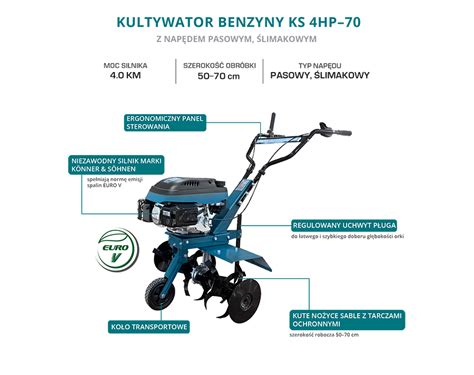 infografika przedstawiająca najważniejsze dane techniczne glebogryzarki K&S KS 4HP-70