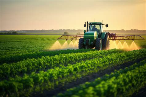 Thematic photo of a tractor with a sprayer during evening work in the field, illuminated by LED work lamps.
