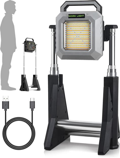 Photo showing various types of LED work lamps: tripod-mounted, portable, and mounted on machinery.