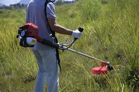 Thematic photo of a petrol brush cutter working in tall grass and dense thicket