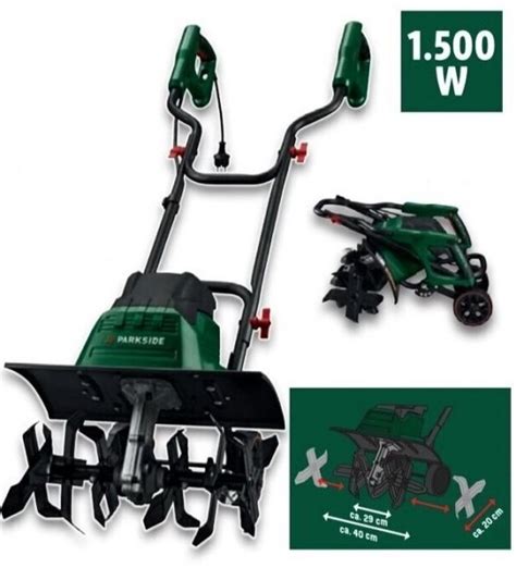Zdjęcie glebogryzarki Parkside PEBH 1500 B2 z zaznaczonymi elementami roboczymi i uchwytami.