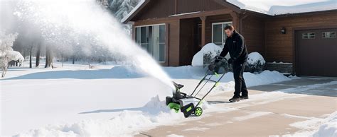 Thematic photo of a person operating a cordless snowblower on a cleared driveway, emphasizing ease of use and no cables.