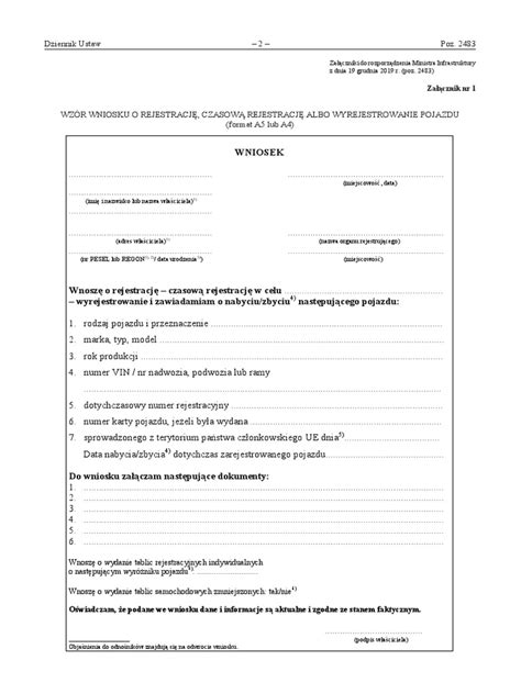 Formularz wniosku o rejestrację pojazdu