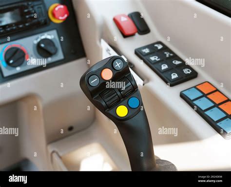 Photo of the joystick and control panel in the Terex loader cabin