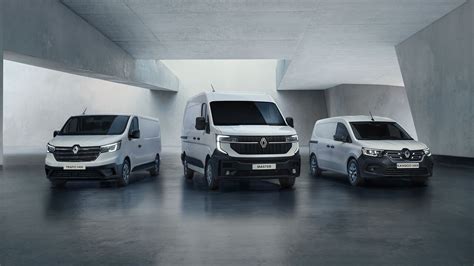 Ilustracja przedstawiająca różne modele samochodów dostawczych Renault, w tym Master, Kangoo i Trafic.