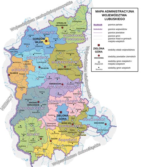 mapa regionu lubuskiego z zaznaczeniem Sulechowa i okolicznych miejscowości