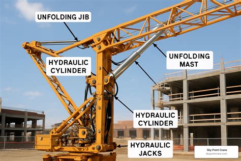 Technical diagram of a self-erecting tower crane