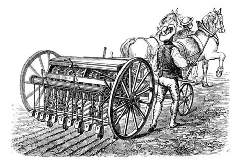 Ilustracja przedstawiająca historyczne maszyny rolnicze, takie jak pług parowy, młockarnia i siewnik, nawiązująca do innowacji Stanisława Lilpopa.