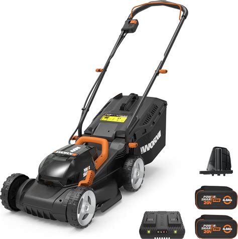 Thematic photo of a modern cordless lawnmower with visible battery and adjustable handle